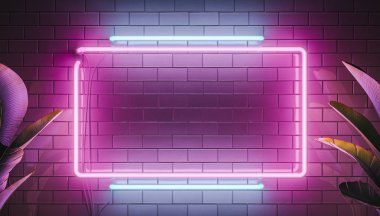 Neon ışık işareti kurulu arka plan. 3D modern illüstrasyon. Neon öğeleri ve bitkiler.