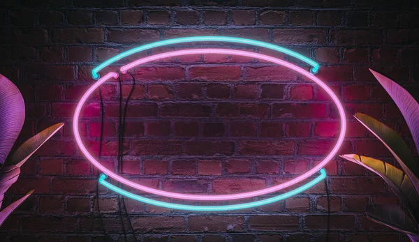 Neon světlo znamení desky pozadí. 3D moderní obrázek. Neon prvky a rostliny. — Stock fotografie