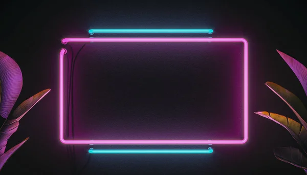 Latar belakang papan tanda lampu neon. Ilustrasi modern 3d. Unsur dan tanaman Neon . — Stok Foto
