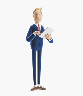 3D çizim. İşadamı bir defter tutan ve gülümseyen