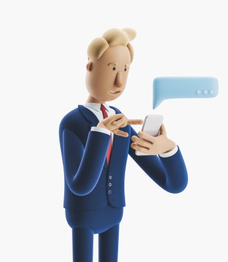 3D çizim. İşadamı telefondan mesaj gönderin