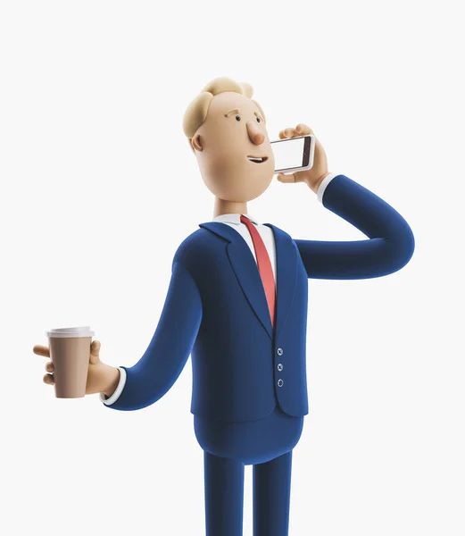 3D-Illustration. Geschäftsmann telefoniert und hält Kaffee — Stockfoto