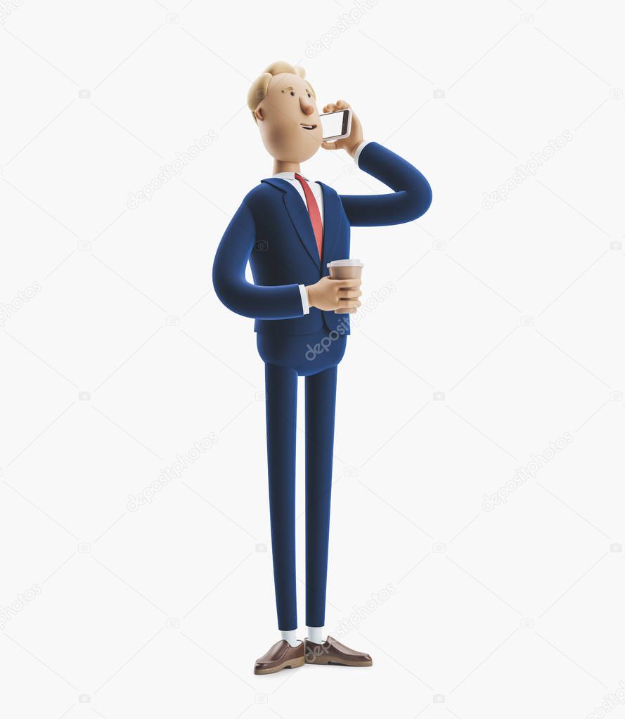 cartoon character talking on the phone and holding coffee. 3d illustration