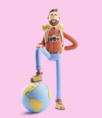 Çizgi film karakteri turistik bir büyük harita işaretçi ve dünya ile duruyor. 3D çizim. Seyahat kavramı.