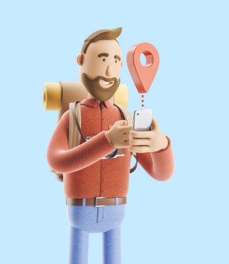 Çizgi film karakteri turistik bir büyük harita işaretçi ve onun elinde telefon ile duruyor. 3D çizim.