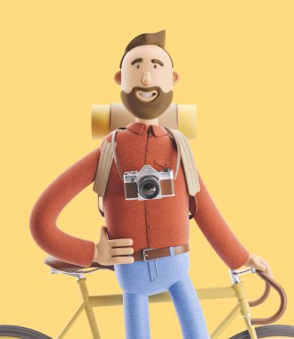 Çizgi film karakteri turistik bir bisiklet ile stand. 3D çizim.