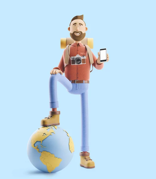 Kreslená postava turistické stojí s velkou mapu ukazatel a zeměkoule. 3D obrázek. Pojetí cestování. — Stock fotografie