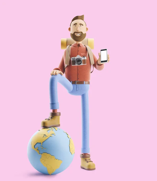 Cartoon karakter toeristische staat met een grote kaart aanwijzer en globe. 3D illustratie. Concept van het reizen. — Stockfoto