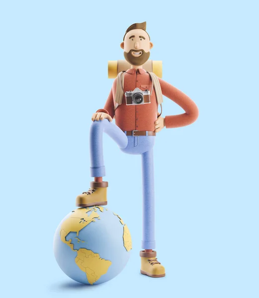 Personnage de bande dessinée touristique se dresse avec un grand pointeur de carte et le globe. Illustration 3D. Concept de voyage . — Photo
