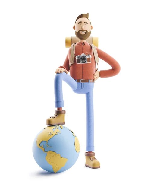 Personnage de bande dessinée touristique se dresse avec un grand pointeur de carte et le globe. Illustration 3D. Concept de voyage . — Photo