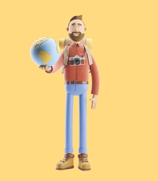 Personaje de dibujos animados puestos turísticos con un gran mapa puntero y globo. Ilustración 3d. Concepto de viajar . — Foto de Stock