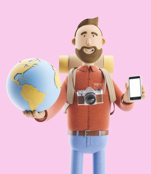 Tecknad karaktär turist står med en stor karta pekaren och globe. 3D illustration. Begreppet resor. — Stockfoto