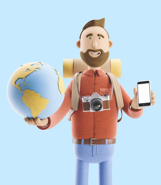 Personagem dos desenhos animados turista fica com um grande ponteiro do mapa e globo. Ilustração 3d. Conceito de viajar . — Fotografia de Stock