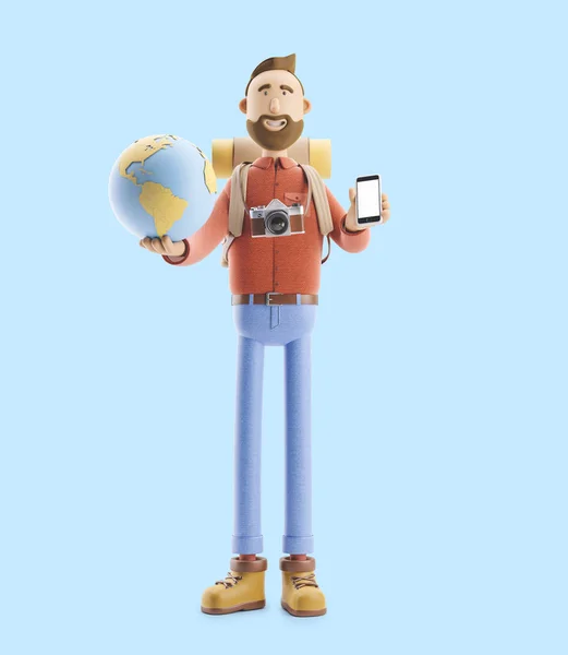 Cartoon karakter toeristische staat met een grote kaart aanwijzer en globe. 3D illustratie. Concept van het reizen. — Stockfoto