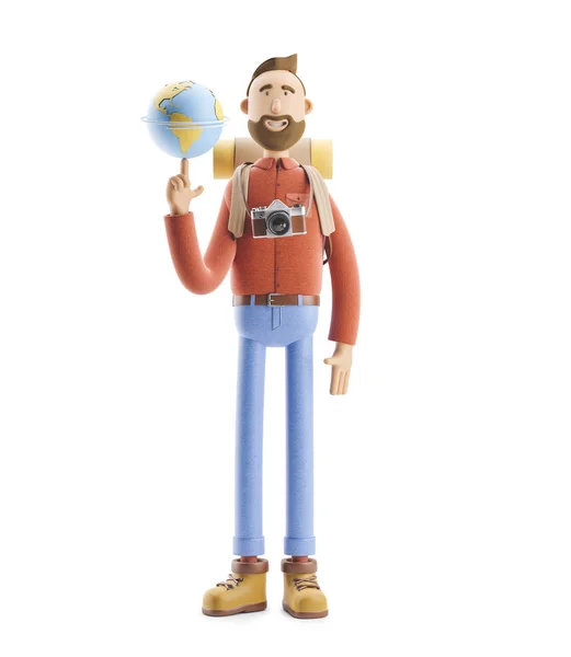 Personaje de dibujos animados puestos turísticos con un gran mapa puntero y globo. Ilustración 3d. Concepto de viajar . —  Fotos de Stock