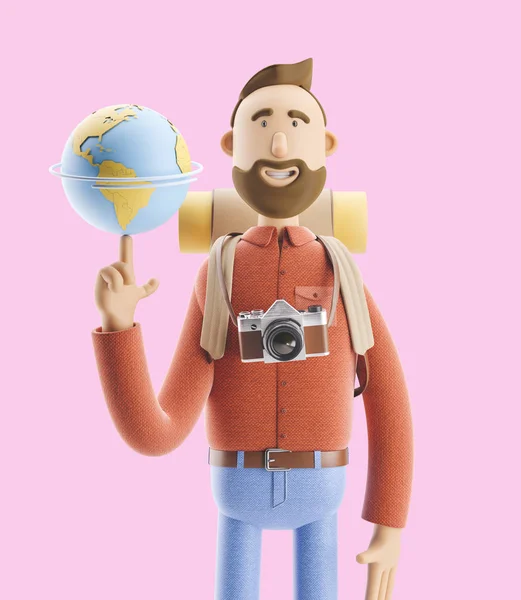 Personaje de dibujos animados puestos turísticos con un gran mapa puntero y globo. Ilustración 3d. Concepto de viajar . — Foto de Stock