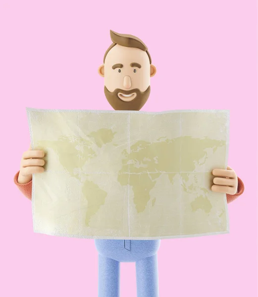 Tecknad karaktär turist håller världskarta i händerna. 3D illustration. — Stockfoto