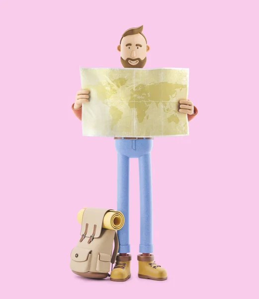 Kreslená postava turistická mapa světa drží v rukou. 3D obrázek. — Stock fotografie
