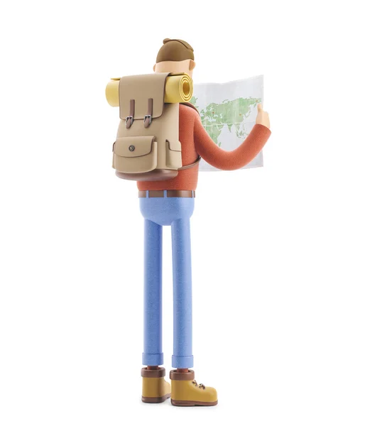 Cartoon character tourist holds world map in hands. 3d illustration. — Stock Photo, Image