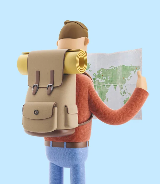 Турист мультиплікаційного характеру тримає карту світу в руках. 3d ілюстрація . — стокове фото