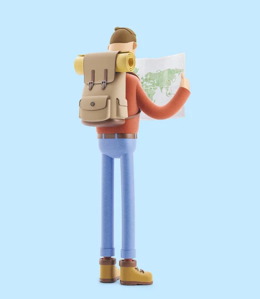 Cartoon character tourist holds world map in hands. 3d illustration.