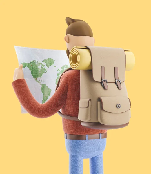Touriste personnage de bande dessinée tient carte du monde dans les mains. Illustration 3d . — Photo