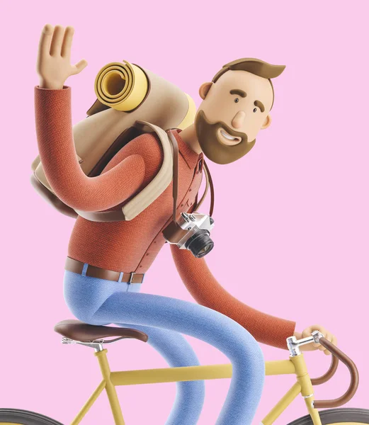 Zeichentrickfigur Touristenfahrt auf dem Fahrrad. 3D-Illustration. — Stockfoto