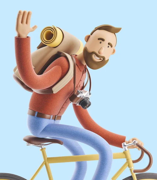 Tecknad karaktär turist resa på cykel. 3D illustration. — Stockfoto