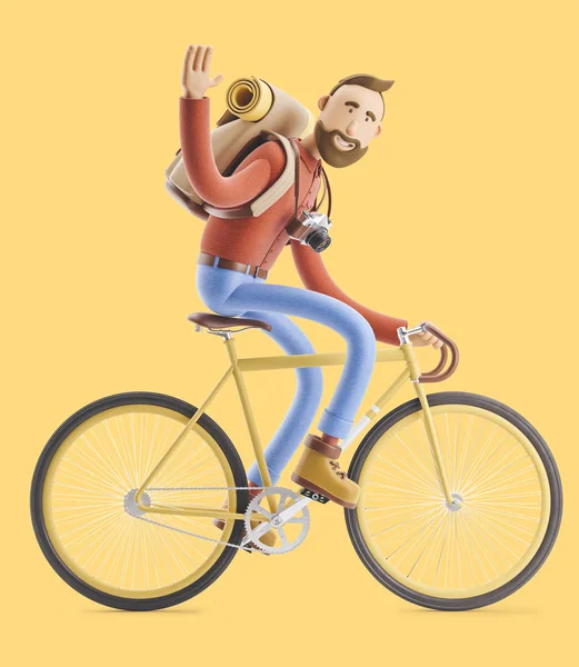 Tecknad karaktär turist resa på cykel. 3D illustration. — Stockfoto