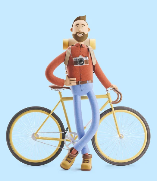 Personaggio dei cartoni animati stand turistico con una bicicletta. Illustrazione 3d . — Foto Stock