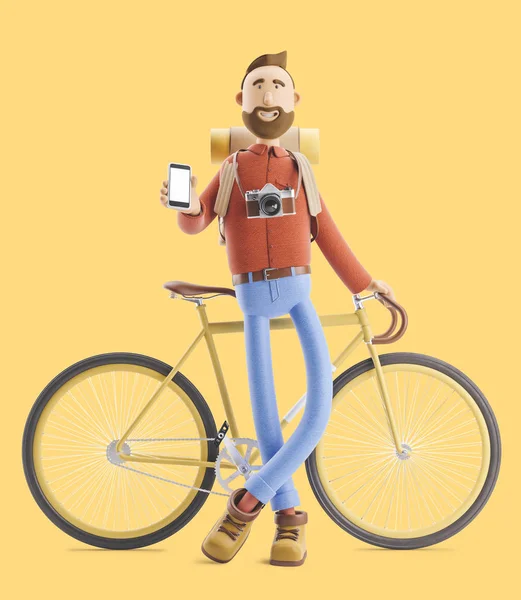 Personagem dos desenhos animados turista fica com um telefone em suas mãos e bicicleta. ilustração 3d . — Fotografia de Stock