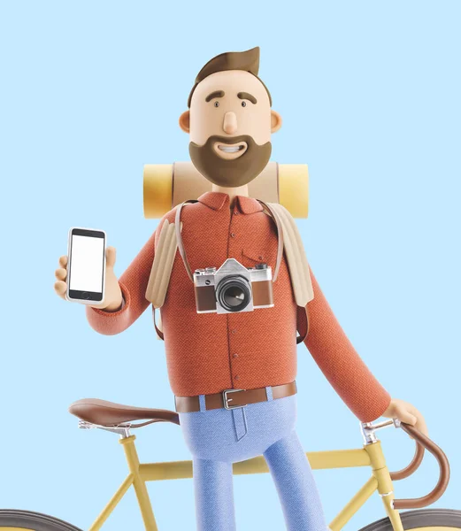 Tecknad karaktär turist står med en telefon i hans händer och cykel. 3D illustration. — Stockfoto