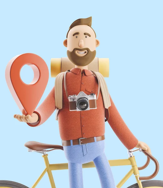 Touriste personnage de bande dessinée se tient avec un grand pointeur de carte dans ses mains et vélo. Illustration 3d . — Photo
