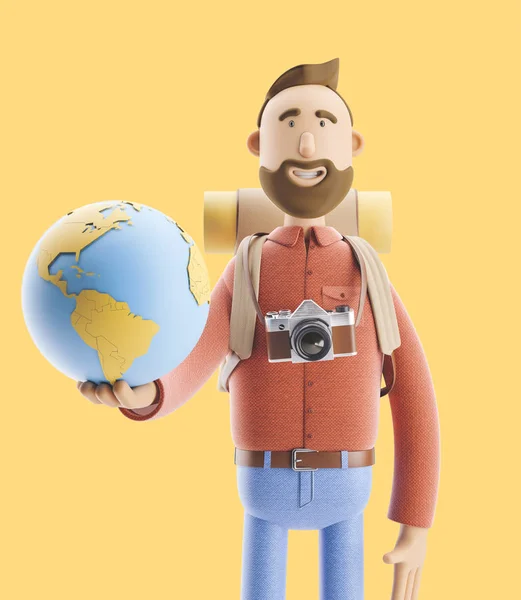 Kreslená postava turistické stojí s velkou mapu ukazatel a zeměkoule. 3D obrázek. Pojetí cestování. — Stock fotografie