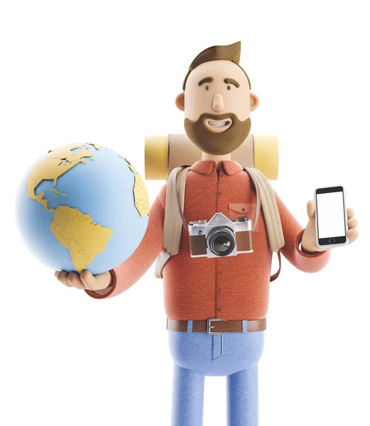 Tecknad karaktär turist står med en stor karta pekaren och globe. 3D illustration. Begreppet resor. — Stockfoto