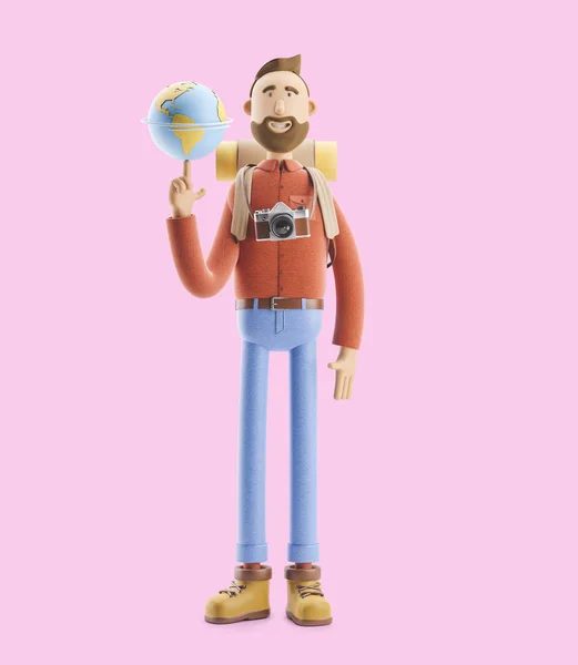 Personaggio dei cartoni animati stand turistici con un grande puntatore mappa e globo. Illustrazione 3d. Concetto di viaggio . — Foto Stock