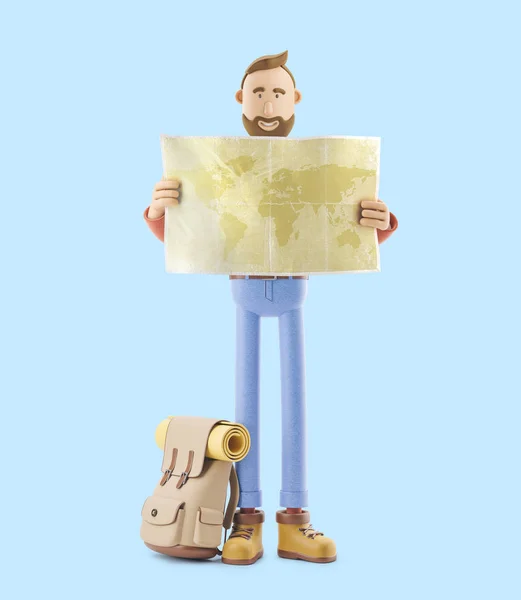 Touriste personnage de bande dessinée tient carte du monde dans les mains. Illustration 3d . — Photo