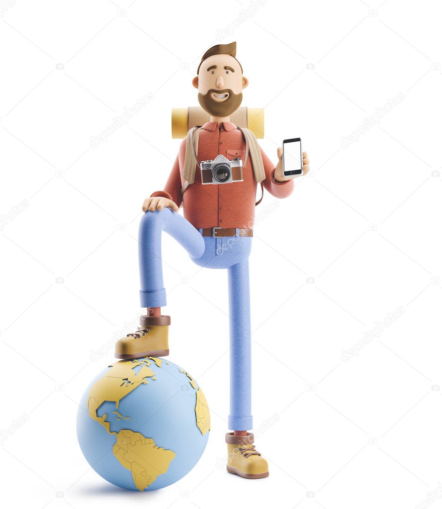 Cartoon character tourist stands with a large map pointer and globe. 3d illustration. Concept of traveling.