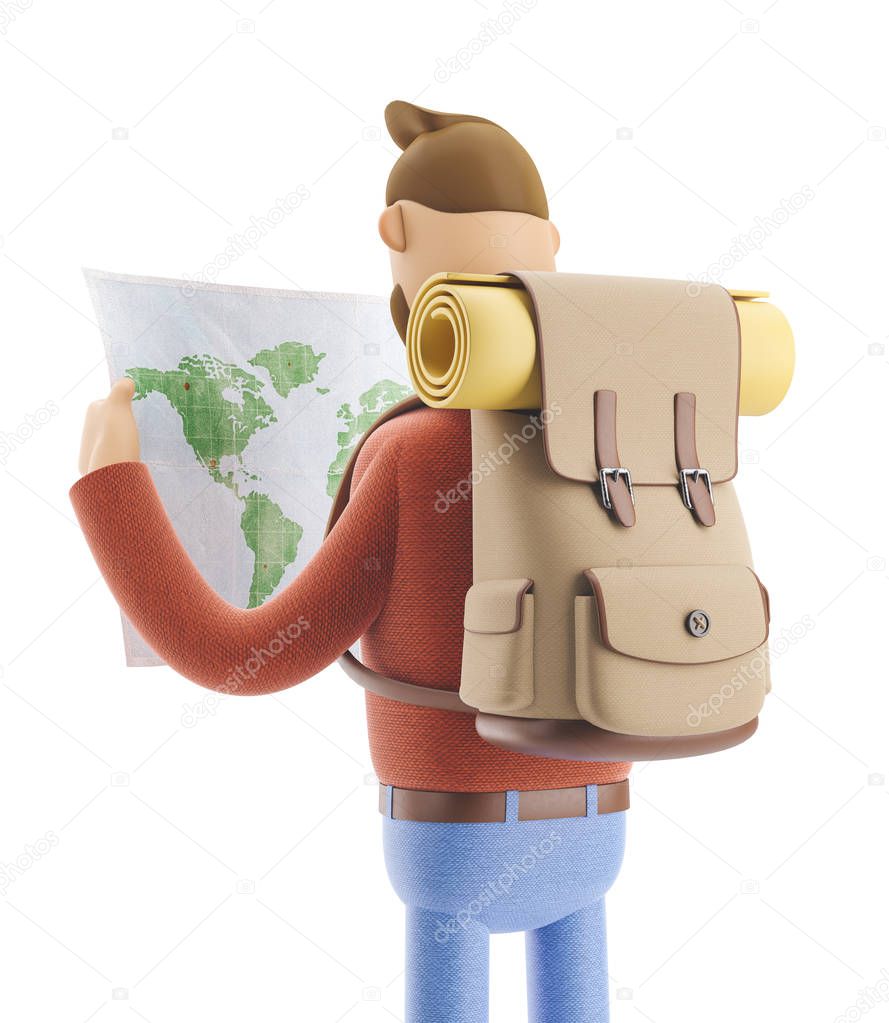 Cartoon character tourist holds world map in hands. 3d illustration.