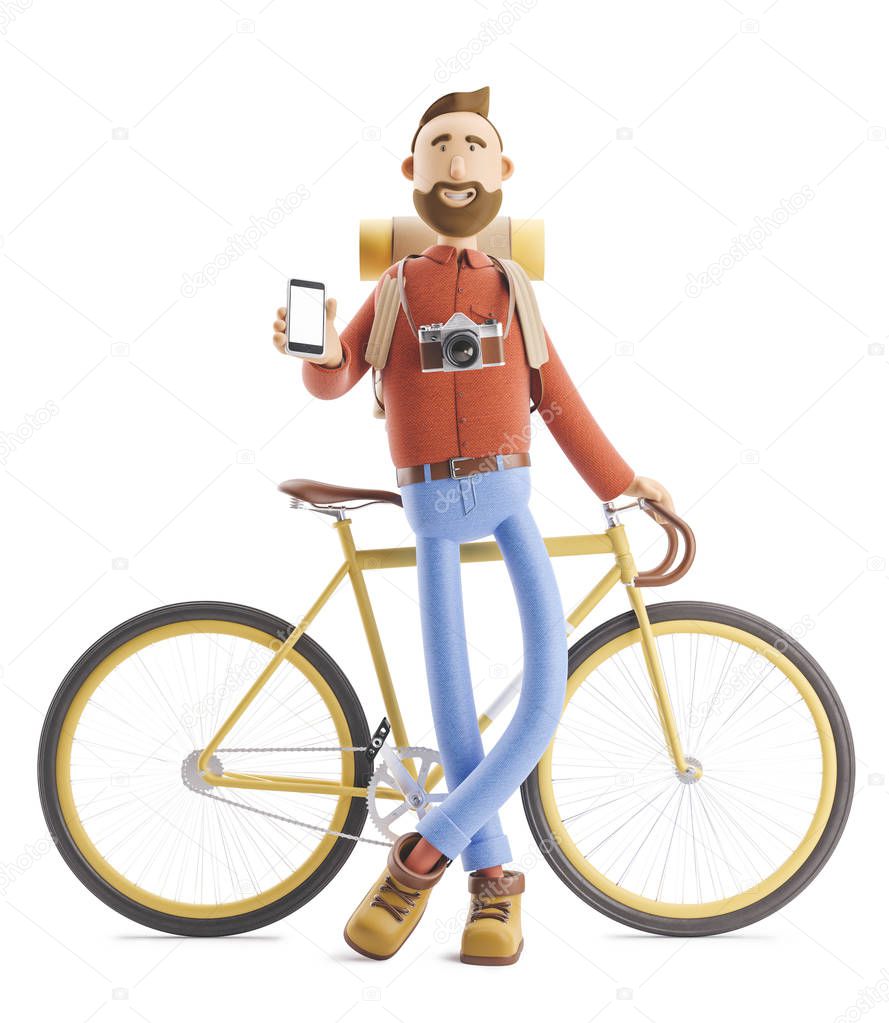 Cartoon character tourist stands with a phone in his hands and bicycle . 3d illustration.