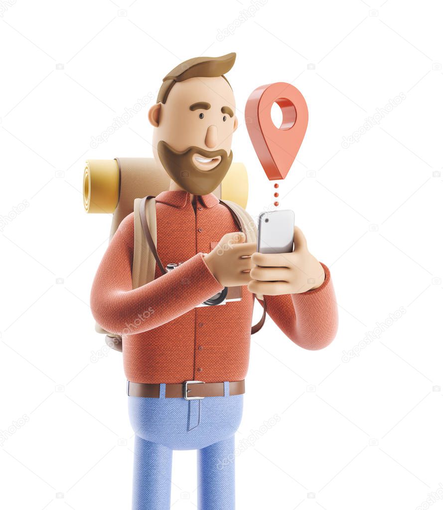 Cartoon character tourist stands with a large map pointer and phone in his hands. 3d illustration.