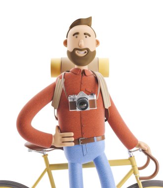 Çizgi film karakteri turistik bir bisiklet ile stand. 3D çizim.