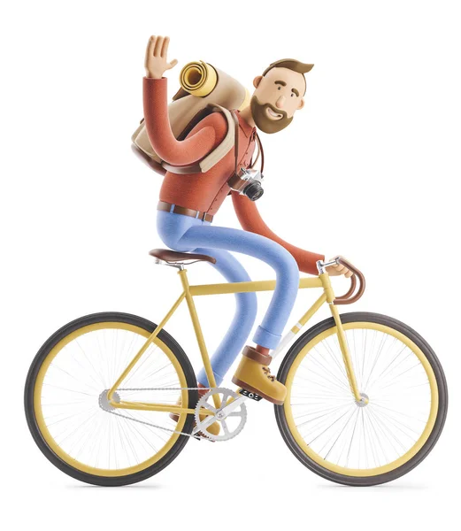 Cartoon character tourist ride on bicycle. 3d illustration. — Stock Photo, Image