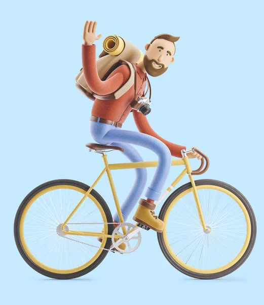 Personagem de desenhos animados passeio turístico na bicicleta. ilustração 3d . — Fotografia de Stock