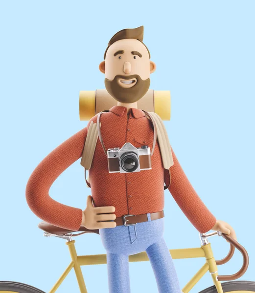 Dessin animé personnage stand touristique avec un vélo. Illustration 3d . — Photo