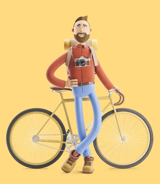 Cartoon character tourist stand with a bicycle. 3d illustration. — Stock Photo, Image