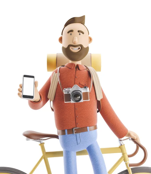 Personagem dos desenhos animados turista fica com um telefone em suas mãos e bicicleta. ilustração 3d . — Fotografia de Stock