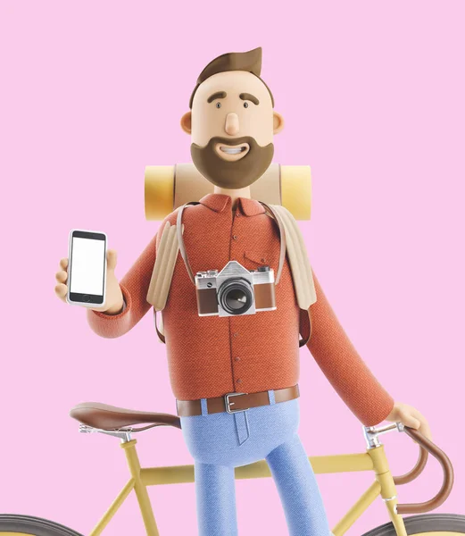 Τουριστικό χαρακτήρα κινουμένων σχεδίων στέκεται με ένα τηλέφωνο στα χέρια του και το ποδήλατο. 3D απεικόνιση. — Φωτογραφία Αρχείου