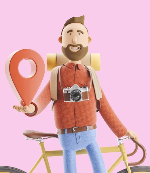 Tecknad karaktär turist står med en stor karta pekare i hans händer och cykel. 3D illustration. — Stockfoto