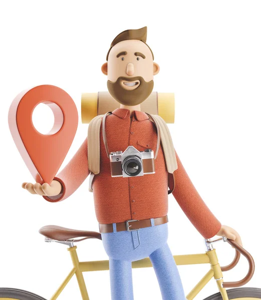 Cartoon character tourist stands with a large map pointer in his hands and bicycle . 3d illustration.